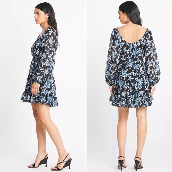 TANYA TAYLOR Edita Fit & Flare Mini Dress Floral Blue Long Sleeve Flowy Sm NEW - Picture 3 of 15